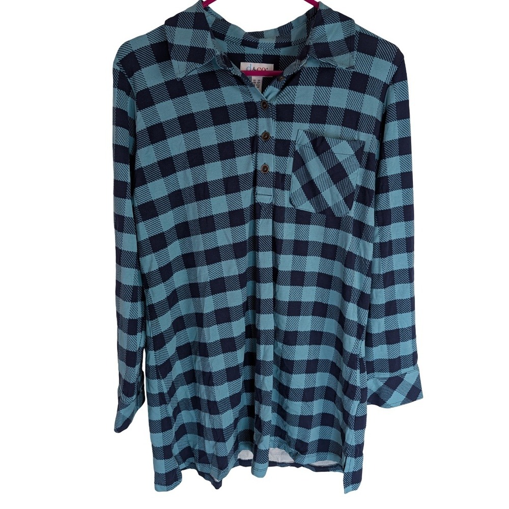 Denim & Co. Buffalo Check Henley Tunic Women Petite Small Teal Navy A705029 Soft